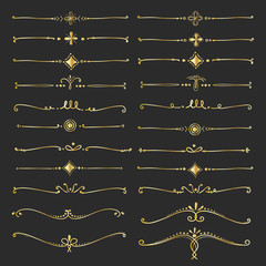 Naklejka premium Set Of Golden Decorative Calligraphic Elements For Decoration. Handmade Vector Illustration.