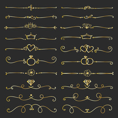 Set Of Golden Decorative Calligraphic Elements For Decoration. Handmade Vector Illustration.