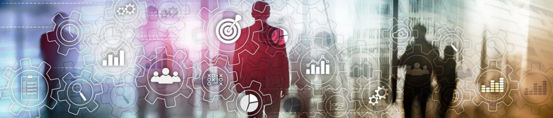 Business process abstract diagram with gears and icons. Workflow and automation technology concept. Website header banner.