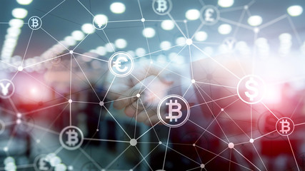 Obraz premium Double exposure Bitcoin and blockchain concept. Digital economy and currency trading.