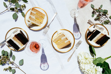 Various cakes on plates