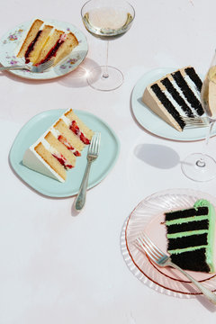 Various cakes on plates