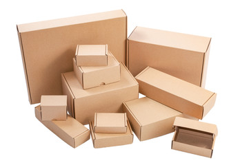 Many brown cardboard boxes isolated on white background