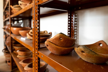 Bowls on a metal shelf