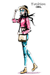 Stylish beautiful fashion woman walking. Fashion look. Hand drawn woman in hat and sunglasses. Sketch.