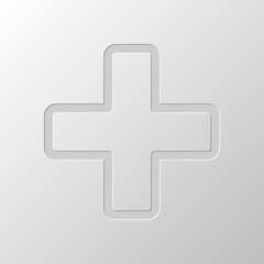 Medical cross icon. Paper design. Cutted symbol. Pitted style