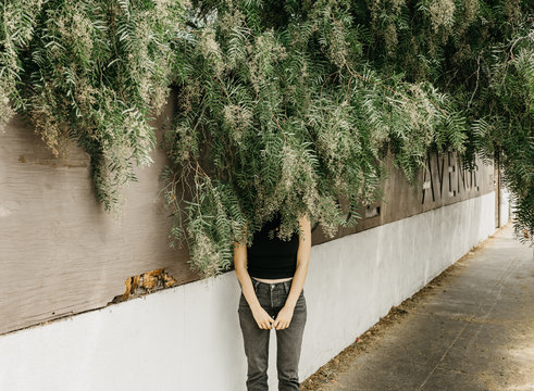 Mysterious woman hiding behind willow tree leaves