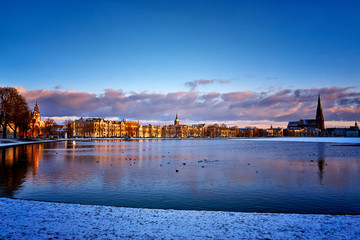 Winter panorama from the old town at Pfaffenteich lake in Schwerin.
