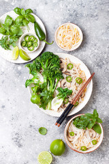 Vegetarian traditional Vietnamese soup Pho bo with herbs, rice noodles, broccolini, bok choy, bean sprouts, mushrooms. Vietnam national dish. Asian food concept.