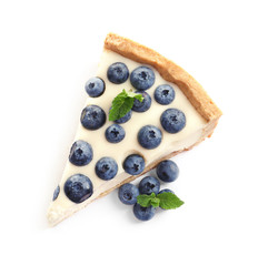 Piece of tasty blueberry cake on white background, top view