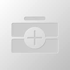 first-aid kit, simple icon. Paper design. Cutted symbol. Pitted
