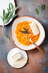 Butternut squash spirilized noodles with sage, bread crumbs and blue cheese. Vegetable low carb pasta recipe.