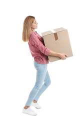 Full length portrait of woman carrying carton box on white background. Posture concept