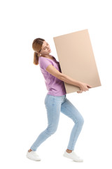 Full length portrait of woman carrying carton box on white background. Posture concept