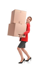 Full length portrait of woman carrying carton boxes on white background. Posture concept