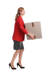 Full length portrait of woman carrying carton box on white background. Posture concept