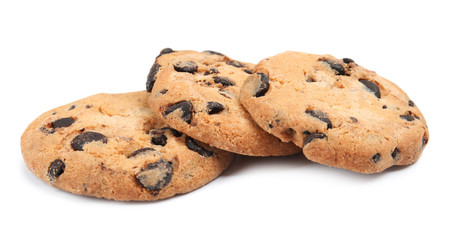 Delicious chocolate chip cookies on white background