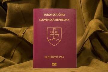 Slovakian passport standing on a light brown leather background