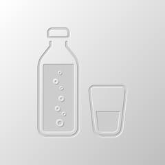 bottle of water with bubbles and glass cup. simple icon. Paper d