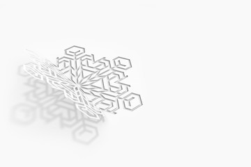 Carved paper snowflake folded in half, bent, casts a beautiful shadow 3d illustration.