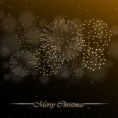 Firework show on golden night sky background with glow and sparkles. Christmas concept. Invitation, card, party background. Vector illustration
