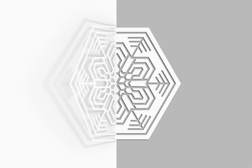 Carved paper snowflake folded in half, bent, casts a beautiful shadow 3d illustration