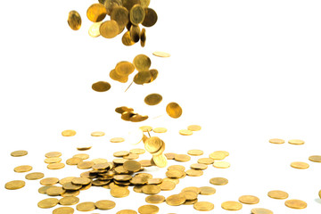Falling gold coins money isolated on the white background, business money and finance concept.