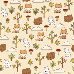 Obraz premium Woodland/forest animals seamless pattern. Brown bear, fox and bunny in the forest. Children's wallpaper