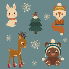 Woodland animals winter time. White bunny/rabbit, fox, sparrow on a Christmas tree, baby deer/fawn, brown bear in winter clothes.