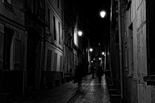 Paris, France - November 1, 2018: View Of A Street In The Night After Rain In Paris