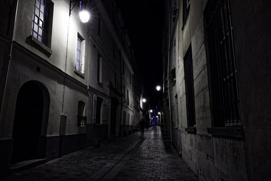 Paris, France - November 1, 2018: View Of A Street In The Night After Rain In Paris