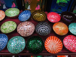 Asian decoration. Asian handicrafts. Colorful bowls. 