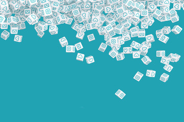 Many crumbling cubes with icons from social networks on the sides  3d illustration