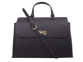 Black handbag on white background.