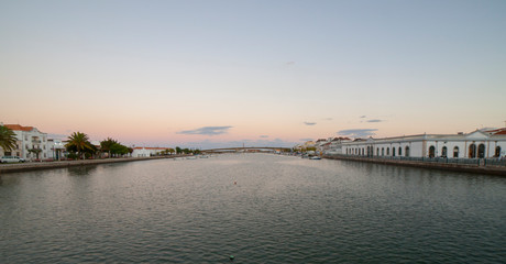 Fototapeta na wymiar Tavira panoramic from town military bridge to fishing port, Portugal