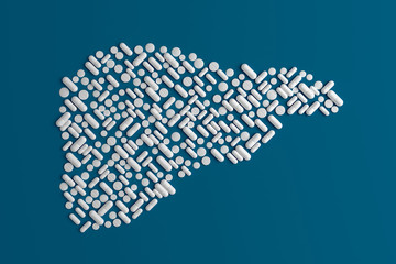 Silhouette of the liver lined with pills on a blue background 3d illustration