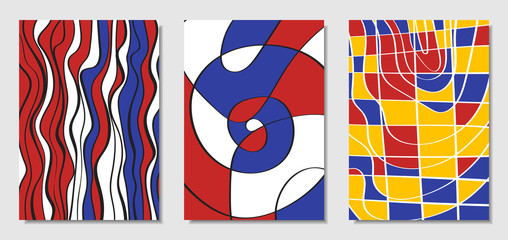 Cover Design Templates Set in Bauhaus Style. Abstract Backgrounds with Handwritten Wavy Lines and Ethnic Elements. Bright Hipster Abstraction. Vector Covers for Placard, Poster, Layout, Splash Screen.