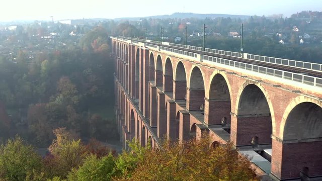 Foggy Sunrise Aerial View of a Viaduct in Goltzsch Germany The Largest Brick Bridge in the World