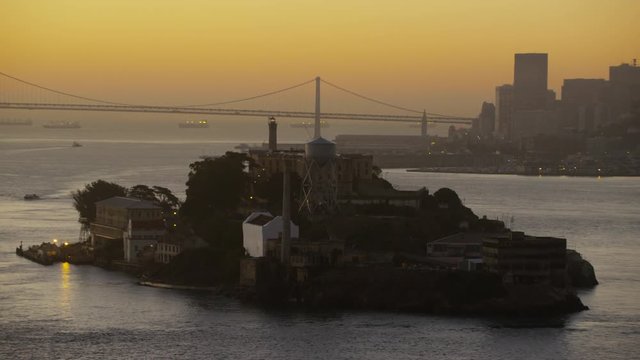 Aerial sunrise view The Rock Alcatraz Island San Francisco USA
