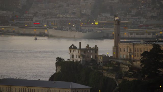 Aerial sunrise view The Rock Alcatraz Island San Francisco USA