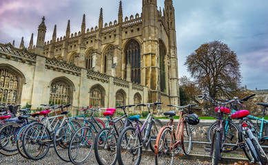 Cambridge, UK; October 2018; Bicycles on the foreground and Kings Collage, Cambridge, UK on the...