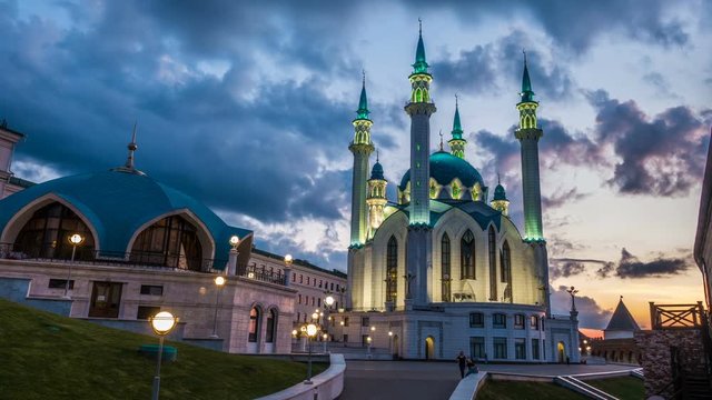 kul sharif mosque in kazan kremlin russia, timelapse, beautiful evening cityscape