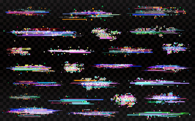Glitch elements set. Glitched lines noise. Error templates. Color glitches collection on transparent background. Abstract noise design for poster, banner, flyer. Vector illustration - obrazy, fototapety, plakaty