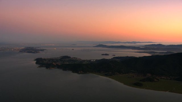 Aerial sunset San Francisco Oakland San Francisco fog USA