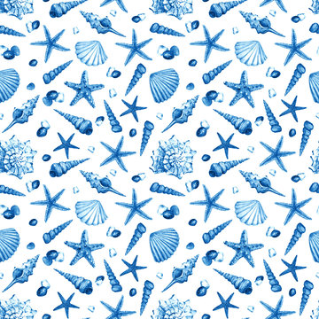 Watercolor seamless pattern with underwater life objects - seashells, starfish and stones.