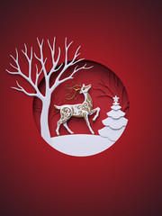 3d render, digital illustration, flat paper craft winter landscape, reindeer, fir tree, layers, stag, Christmas greeting card, white tree, round frame, red background © wacomka