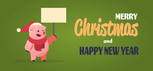 cute pig symbol of 2019 chinese new year holding empty board merry christmas holiday concept horizontal flat vector illustration