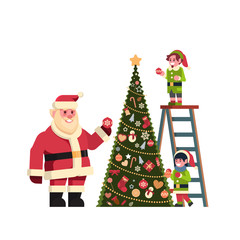 santa claus with elves on staircase decorate fir tree merry christmas happy new year concept flat isolated vector illustration