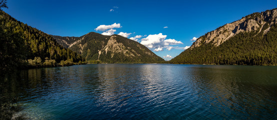 Plansee, Österreich, Berge, Alpen, Bergsee, Himmel, Landschaft, Wald, Panorama
