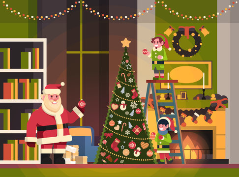 santa claus with elves on staircase decorate fir tree living room interior merry christmas happy new year concept flat horizontal vector illustration